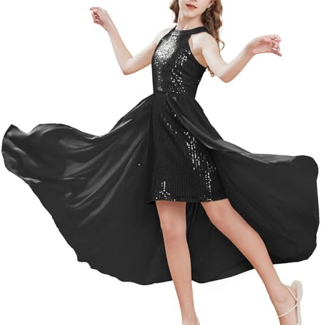 GRACE KARIN Weihnachten Hochzeit Party Club Elegant Slim Fit Swing Kleider mit Glänzendem Pailletten Fashion Damen Kleid Schwarz 7-8 Jahre
