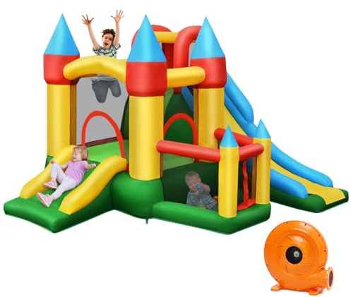 LIFEZEAL Castello Gonfiabile per 2-3 Bambini 3-10 Anni, con Ventilatore, Giochi, Scivolo, Trampolino, Parete da Arrampicata, Canestro, 60 Palline, per Interno, Esterno, Set Completo, 330x300x210cm