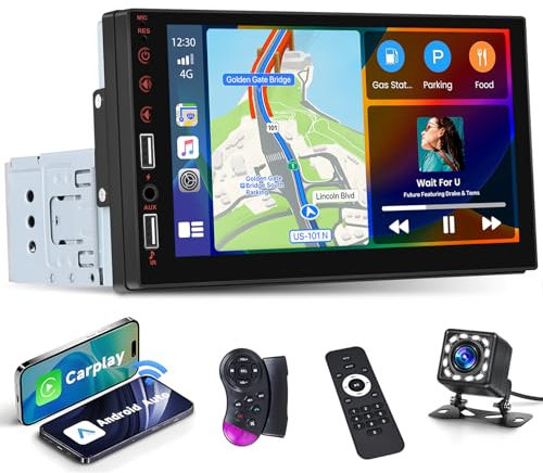 Hikity Autoradio Bluetooth 1 Din con Senza Fili Carplay Android Auto, 7 Pollici Touchscreen Stereo Auto 1 Din Carplay con Bluetooth Vivavoce FM AUX 2USB SWC Mirror Link Telecamera Posteriore