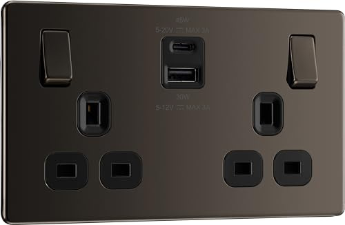 BG Electrical 45W Double Switched Power Wall Plug Socket with Super Fast Charge Type A and C USB Ports, Screwless, Flatplate, Black Nickel, 13A, FBN22UAC45B