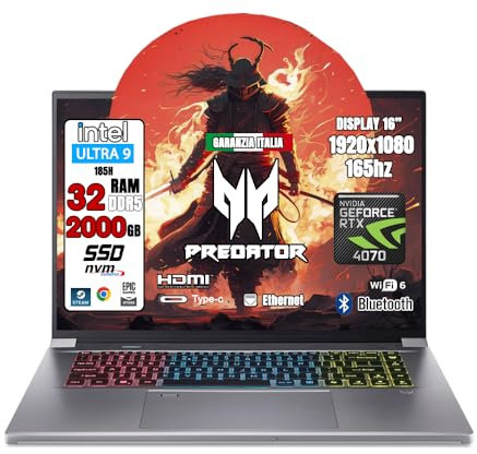 acer Notebook Gaming Predator Triton Neo 16, • Portatile Gaming Processore Intel Ultra 9 185H • RAM 32 GB DDR5 • SSD 2 Tb • Display 16.0 3.2K IPS 165 Hz • NVIDIA GeForce RTX 4070 8 GB GDDR6