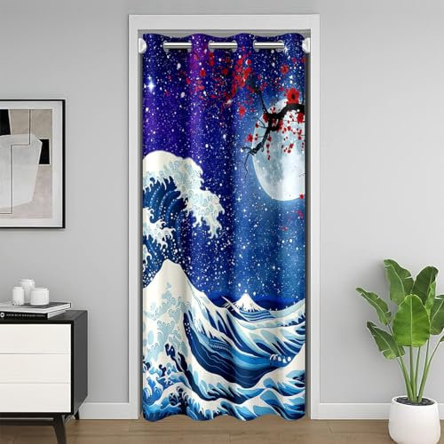 Feelyou Japanischer Wellen-Türvorhang, Privatsphäre, 1 Panel, 106,7 x 203,2 cm, Ozeanwelle, 30 % - 50 % Verdunkelung, isoliert, Thermovorhang, Kirschblüten, Heimdekoration, Türabdeckung, Vorhang,