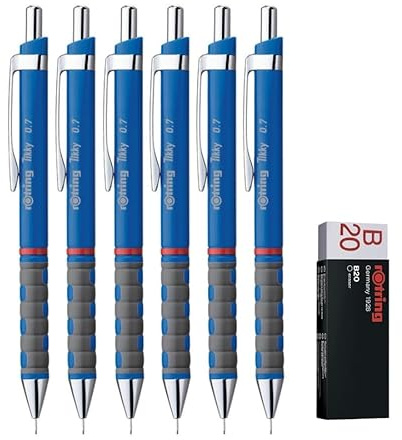 rOtring Tikky Druckbleistift, HB, 0,70 mm, 6 Stück, blauer Schaft, Set mit Radiergummi B20