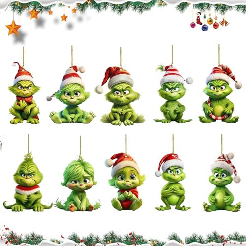 Ajuanbazha 10 Decorazioni Natale G-rinch, Ornamenti per Albero di Natale in Acrilico, Ciondoli Divertenti G-rinch Appendere, Ornamenti per Albero di Natale G-rinch
