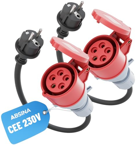 ABSINA Adapter Schuko Stecker auf CEE Kupplung 16A - 2er Pack | Schuko auf CEE als Elektroauto Zubehör 16A 5-polig mit 60 cm Kabellänge & IP44 Schutz - Adapter 230V