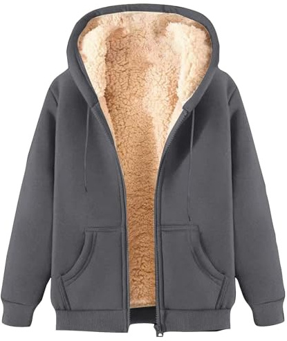 ZWDC Damen Winterjacke Warm Fleecejacke Winter Sweatjacke mit Kapuze Elegant Einfarbig Übergangsjacke Große Größen Kapuzenpullover mit Taschen Lässige Wintermantel mit ReißVerschluss Plüschjacke