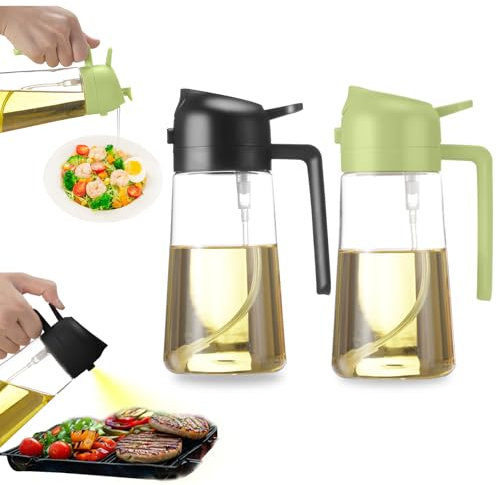 2 in 1 Ölspender und Ölsprüher, Küchenhelfer, Olivenöl Spenderflasche mit Tropffreiem Auslauf, Sprühflasche für Salate Fritteuse Braten Grillen Grün and Schwarz 470 ML(2PCS)