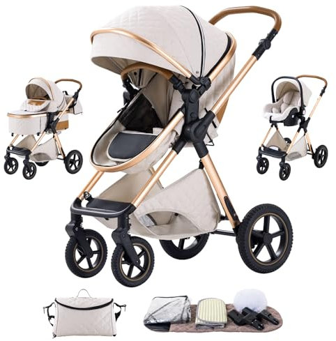Shineey kinderwagen 3 in 1 Buggy Babybett Komplett Set Einem Klick Zusammenklappbarer Kinderwagen, 3 in 1 KombiKinderwagen Aluminiumrahmen für Neugeborene (H2-RICEWHITE, H2)