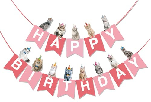 BRUBAKER Happy Birthday Wimpelkette mit Katzen - Geburtstag Deko Party Banner - Geburtstagsgirlande Dekoration für Jungen und Mädchen - Geburtstagsdeko Tiere Girlande für Geburtstagsfeier - Rosa