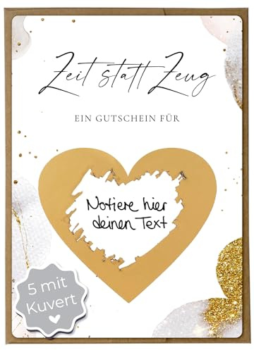 Joli Coon Zeit statt Zeug 5 Rubbellose selber machen mit Kuverts | 350g Designerpapier, fühlbare UV-Lack-Veredelung, naturfarbenes Steckkuvert mit goldenem Herz, Premium-Papeterie
