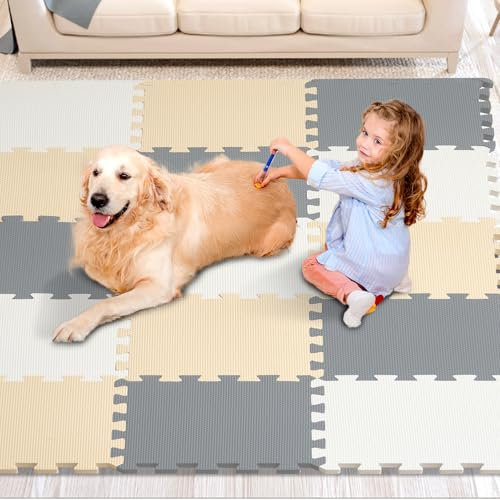 VEVOR Tapis de Jeu 16PCs, Dalles en Mousse EVA de 10 mm d’Épaisseur, Tapis Puzzle 31,5 x 31,5 cm, Couverture de 1,5 m², Emboîtable pour Salle de Jeux, Crèche, Salon, Maison, Camel, Gris et Beige