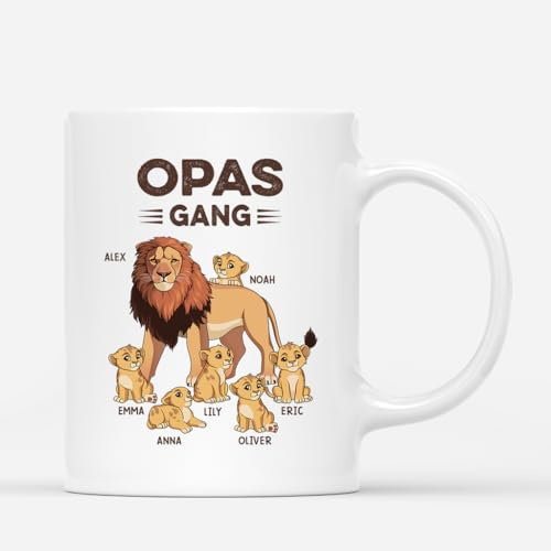 Geschenke Mall Personalisierte Papas Opas Löwenbande Tasse - Personalisierte Geschenke für Papa und Opa zum Vatertag, Weihnachten oder Geburtstag (2 Kinder)