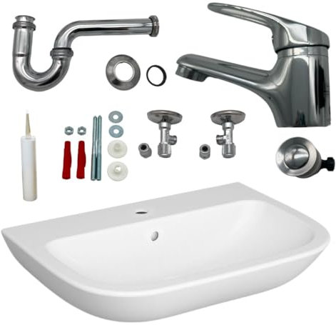 HGMBAD Waschbecken 60 cm Waschtischarmatur Siphon Ablaufgarnitur Set