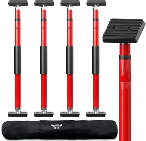 3–H 4 x dörrspännare, tengspännare, monteringsstöd, höjdjusterbart teleskopstöd 70 cm, dörrspridare enhandsstöd, klämstång, klämstöd, klämstöd, klämstöd, spännstång, byggstöd, stål, röd