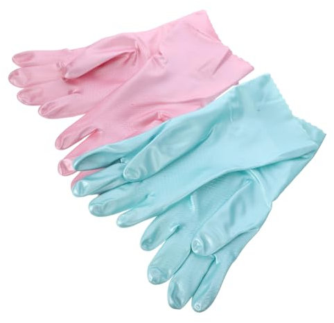 PACKOVE Dishwashing Gloves and Cleaning Mittens 2 Pairs, Waterproof Rubber Kitchen Gloves, Thickened Flocked m Size for Household Chores and Dishwashing in Blue and Pink