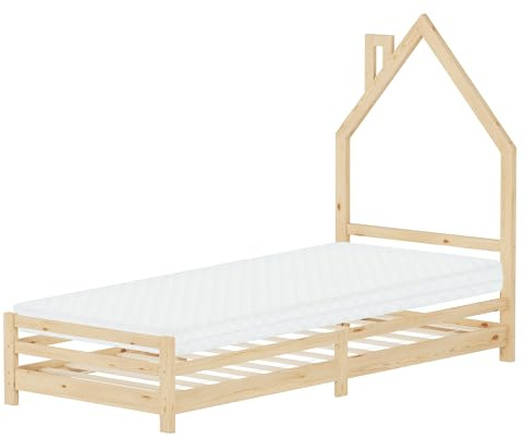 ML-Design Kinderbett Haus 90x200 cm Natur mit Matratze H:10cm, Hausbett für Kinder, Holzbett mit Lattenrost, Schornstein Design, Jugendbett aus massivem Kiefernholz, Bettgestell für Jungen und Mädchen