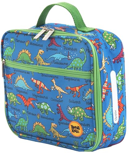 Tyrrell Katz Kids Insulated Dinosaurs Printed Lunch Bag in Blue - Children's Zip Meal Bag with Carry Handle, Outer Front Pocket & Interior Mesh Pocket · Made from Recycled Polyester