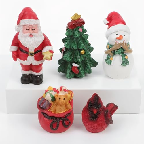 Healifty Mini Christmas Figurines Resin Ornaments: 5Pcs Christmas Santa Claus Tree Bag and Snowman Diy Figures for Xmas Party Home Tabletop Decorations