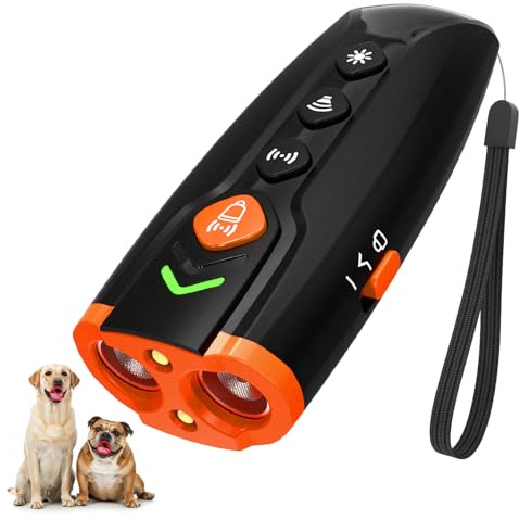 HZK Ultraschall-Hundegebell-Abwehrgerät, Wiederaufladbares Anti-Bell-Gerät mit 4 Modi (Akustisch/Ultraschall/Stroboskop+Ultraschall/LED-Taschenlampe),7 M Reichweite,Geeignet für das Hundetraining