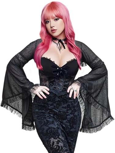Haut Gothique Femme Boléro en Dentelle Sexy Boléro Shrug à Manches Longues Blouse Court Vintage Punk Crop Top Rétro Shrug Gothique Haut Dentelle Cocktail Soirée Club Bal Party Halloween