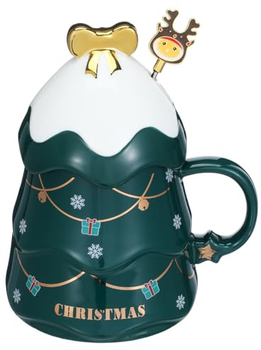 Hemobllo Weihnachtstasse, 3D Grün Keramik Weihnachtsbaum Kaffeebecher mit Deckel und Löffel für Geburtstagen, Weihnachten, Jubiläen, Hochzeiten