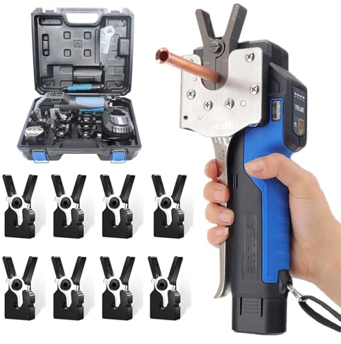 Elektrisches Bördelwerkzeug Set, 45° Exzentrisches Bördelgerät, 8Chucks | Akku Bördelmessgerät mit LED-Licht für Weichku Pfer Aluminium Messingrohre, 8Chucks, 2200mAh (Blue)