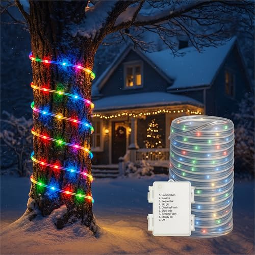 XMAS HAUS 10M Multi-Colour Festive Christmas Rope Light 100 Micro LEDs, Battery Operated, 8 Function Controller, Outdoor Use, Clear Tube