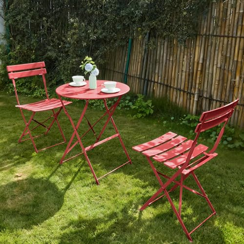 RELAX FIELD Set di mobili da giardino resistente alle intemperie, set da 3 pezzi, per piccoli balconi, tavolo da bistrot con 2 sedie, set da bistrò, pieghevole, colore: rosso