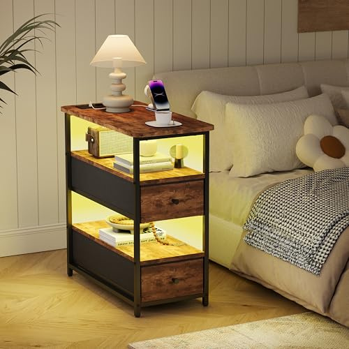 DAHUEN Table de Chevet avec éclairage LED, 2 tiroirs, Table d'appoint avec Ports USB et Prises de Courant pour Chambre à Coucher, Table de Nuit Étroite avec 2 Tiroirs en Tissu (Naturel)