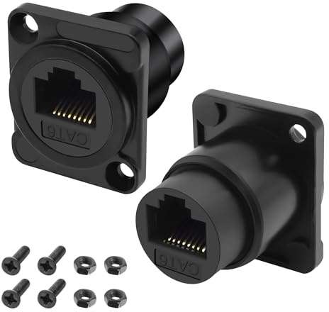 XMSJSIY D-typ RJ45 CAT6 panelmonteringsadapter uttag till uttag D-typ RJ45 CAT6 Ethernet genomströmning kopplare socket kontakt LAN nätverk förlängare adapter – 2 st (svart)