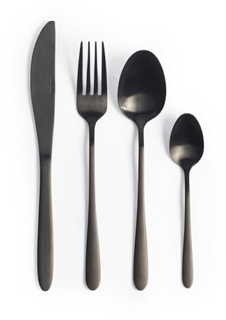 Salter Chiltern Cutlery Set, 16 Piece, Black | 18/0 Stainless Steel, Brushed Finish, Service For 4, Includes Knives Forks Teaspoons Tablespoons, Hand Wash Only