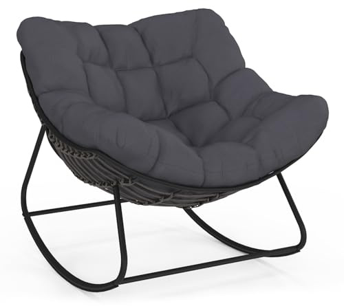 IDMarket - LOA Sillón mecedora efecto ratán gris con cojín gris