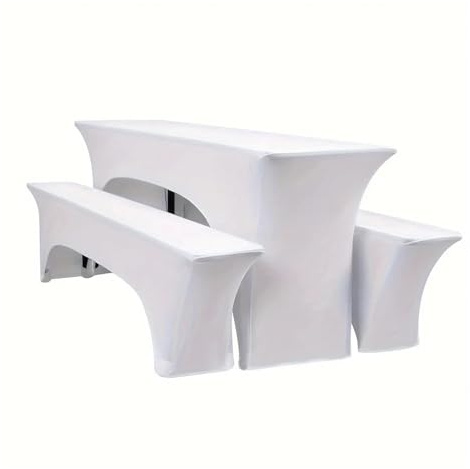 Set for Beer Bench Set: 1x Stretch Tablecloth & 2X Covers - Black/White(White,50Wx220L cm)