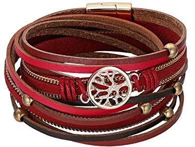 Flongo Damenarmband Frauen Armband Damen Lederarmband, Metall Leder Armband Armreif Geflochten Lederband Baum des Lebens Tree of Life Schwarz Braun Rot Surfer Wickelarmband