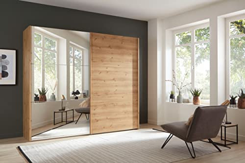 WIEMANN Korfu Kleiderschrank, Schwebetürenschrank, Schlafzimmerschrank, mit Schiebetüren, Breite 330 cm, mit Spiegel links, Holz, Bianco Eiche, B/H/T 330x236x67 cm