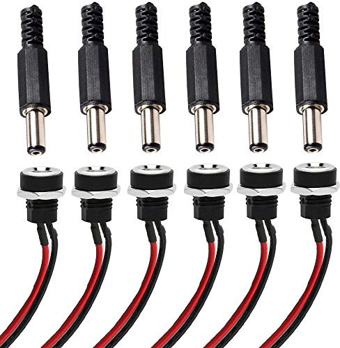RUNCCI-YUN 6pcs 5.5 x 2.1MM DC Power Jack Socket, Female Mount Connector Adapter with Cable & Barrel Jack Plug