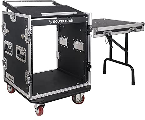 Sound Town Enhanced 1/2 (12mm) Plywood 12U PA DJ Rack/Road Case with 11U Slant Mixer Top, 20’’ Rackable Depth, DJ Work Table and Casters, 12-Space ATA Case, Pro Tour Grade (STMR-S12UWT)