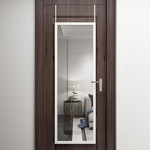 whitebeach 48 x 16 Over The Door Full Length Mirror Wall Mounted Hanging with 2 Metal Hangers for Bedroom Living Room Bathroom White