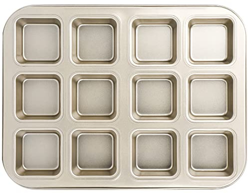 Beasea Moule à brownie avec séparateurs, 1 lot de moules à brownie carrés dorés tous les bords pour cupcakes, brownies, 12 cavités, mini moule à pain anti-adhésif en acier au carbone, petit bord de