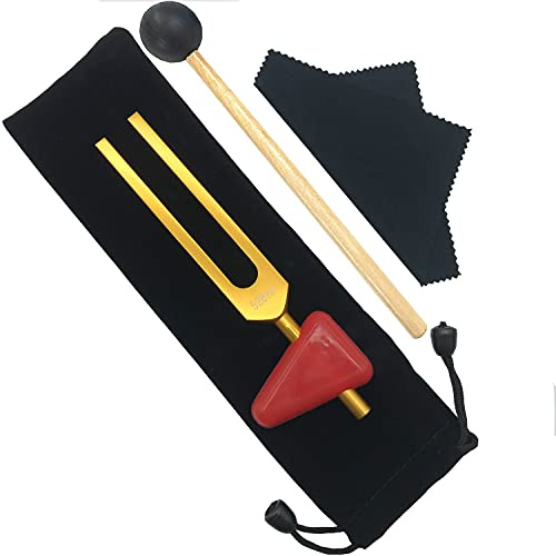 Stimmgabel Set 5 Stück (528 Hz, Gold, Aluminium) Chakra für DNA Klangheilung Meditatives Instrument mit Silikonhammer Dreieckhalter in Kordelzug Aufbewahrungstasche Geschenk für Halloween Weihnachten