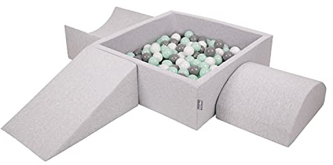 KiddyMoon Spielplatz Aus Schaumstoff Mit Quadrat Bällebad (200 Bälle) Ballgruben Für Babys Spielbad Hindernisläufen, Hergestellt In Der EU, Hellgrau:Weiß/Grau/Minze