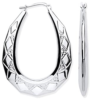 Sterling Silver Large Diamond Cut Patterned Oval Creole Hoop Earrings