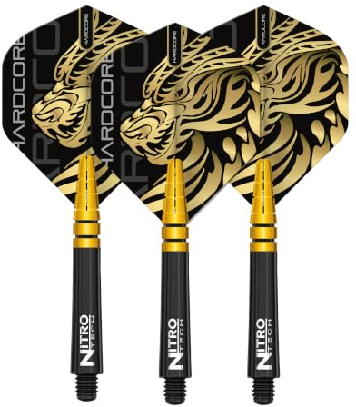 WINMAU RED DRAGON Jonny Clayton | Gold Hardcore Dart-flyg och Nitrotech stammar kombo | 2 uppsättningar (6 dartflygningar och stjälkar) standardform | 100 mikron | darttillbehör