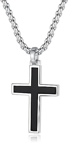 FANCIME Herren Halskette mit Solide 925 Sterling Silber Schwarz Kreuz Anhänger, Edelstahl Kette Schmuck Geschenk für Herren Jungs Kinder - Kettenlänge: 60 cm
