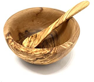 D.O.M. Bol rond finement poli en bois d'olivier Ø 12 cm avec cuillère