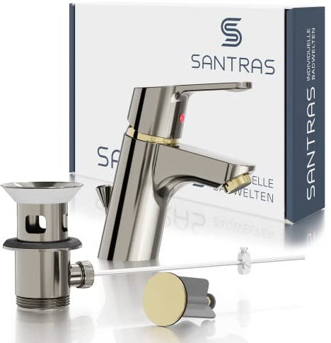 SANTRAS® Waschtischarmatur Bad in Aranja/Gold mit Zugstange & Exzenter Ablaufgarnitur – Einhebelmischer-Mischarmatur warm/kalt für 1-Loch Waschbecken – Wasserhahn mit Ablaufgarnitur