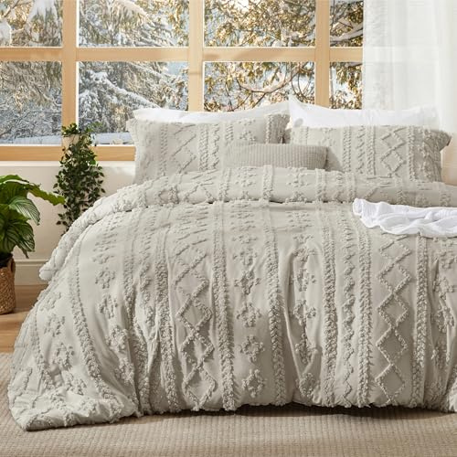 Bedsure Tufted Boho Comforter Set King Size - Linen Boho Bed Set, GentleSoft™ 3 Pieces Farmhouse-Style Embroidery Bedding, Gifts for Woman, Soft Jacquard King Comforter for All Seasons