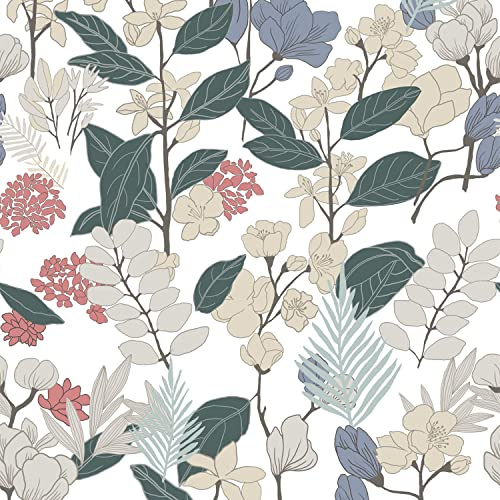 JOLIHOME Papier Peint Autocollant Floral Vintage Fleurs et Plantes Papier de Contact Peler et Coller Rouleaux D'autocollants Muraux Rouge Bleu Vert Foncé et Jaune 44.5x500cm