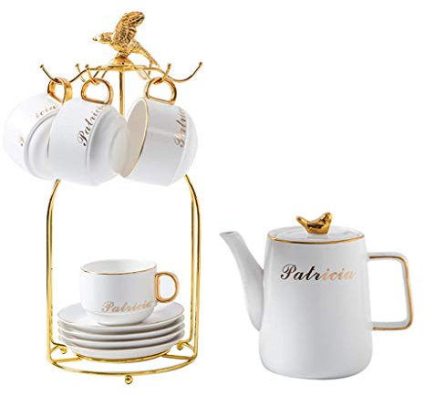 Tonpop Plato Llano de cerámica Juego de Taza de té y platillo de Porcelana Inglesa con platillo y Cuchara, Juego de 4 para el hogar, 4 cucharas a Juego, 1 Tetera y 1 Taza HOL (Blanco)