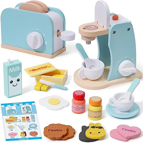 Machine a Cafe Enfant & Grille-Pain Jouets en Bois Accessoires de Cuisine avec Tranches De Pain Beurre Lait Sauce œuf Cuisine Dinette Jouet en Bois Jeu éducatif Cadeau pour Fille Garçon 3 4 5 6 7 Ans
